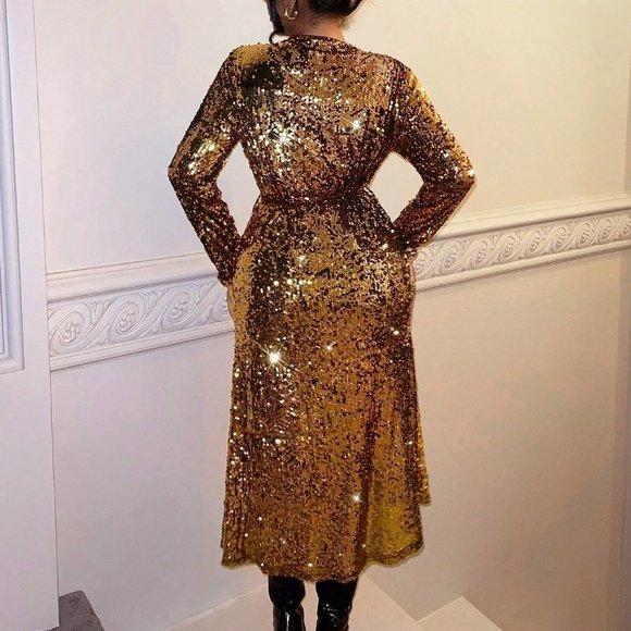 Golden Preppy Womens Plunging Neck Wrap Hem Sequin Coat - Picture 4 of 5